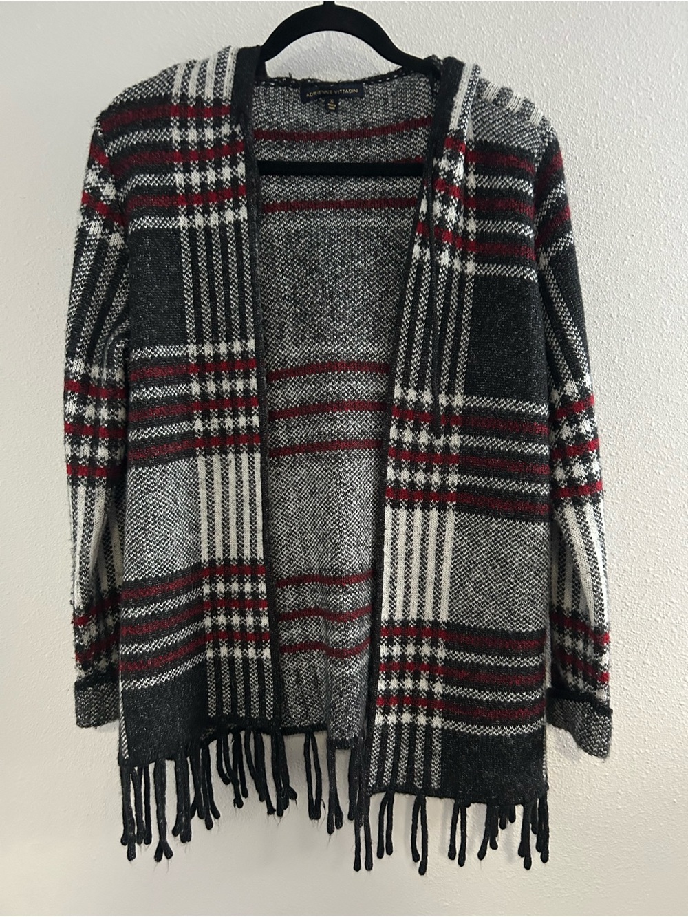 Adrienne Vittadini Black, White & Red Plaid Fringe Open-Front Cardigan